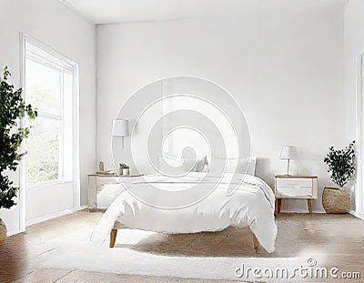 Watercolor of Trendy white bedroom with Scandinavian Stock Photo