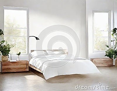 Watercolor of Trendy white bedroom with Scandinavian Stock Photo