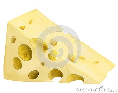 Watercolor triangle piece of Swiss cheese, emmental or cheddar with holes illustration. Milk food, dairy product clipart Cartoon Illustration