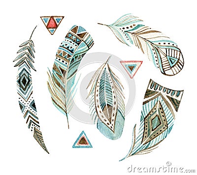 Watercolor tribal feather set Cartoon Illustration