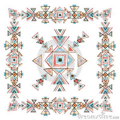 Watercolor tribal frame with ornate geometrical elements isolated on white background. Stock Photo