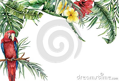 Watercolor tropical banner with exotic flowers, leaves and parrot. Hand painted frame with palm leaves, branches Stock Photo
