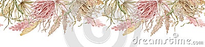 Watercolor tropical banner. Seamless long exotic header. Fan palm and summer dried plants. Tropics template Stock Photo