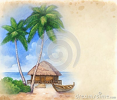 Watercolor tropical beach Cartoon Illustration