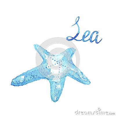 Watercolor tropical blue starfish and lettering Sea isolated on white background. Stock Photo