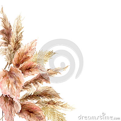 Watercolor tropical border with dry pampas grass and gold textures. Hand painted exotic frame isolated on white Cartoon Illustration