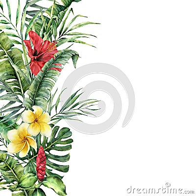 Watercolor tropical border with exotic leaves and flowers. Hand painted frame with palm leaves, branches, monstera Cartoon Illustration