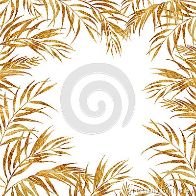 Watercolor tropical border with golden coconut leaves. Hand painted exotic leaves isolated on white background. Floral Cartoon Illustration