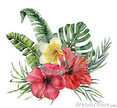 Watercolor tropical bouquet with bright flowers. Hand painted coconut, banana leaves, monstera, plumeria, hibiscus Cartoon Illustration