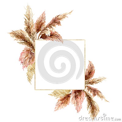 Watercolor tropical bouquet with dry pampas grass and gold frame. Hand painted exotic border isolated on white Cartoon Illustration
