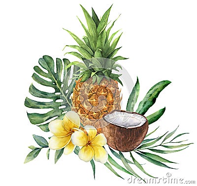 Watercolor tropical bouquet with flowers, leaves and fruit. Hand painted monstera, palm branch, frangipani, pineapple Stock Photo