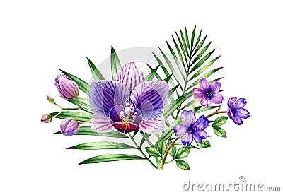 Watercolor tropical bouquet. Purple orchid and palm leaves arrangement. Hand painted tropical background. Botanical Cartoon Illustration