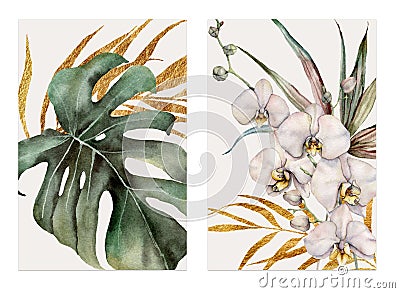 Watercolor tropical cards with orchids, golden palm leaves and monstera. Hand drawn bouquets isolated on white Cartoon Illustration