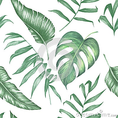 Watercolor tropical collecton. Palm, banana and monstera leaves with tropical flowers Stock Photo