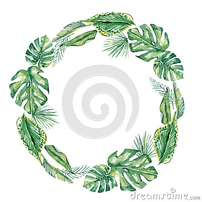 Watercolor tropical floral card with green leaves. Wreath for wedding stationary, greeting card, backgrounds, wrappers, postcards Stock Photo