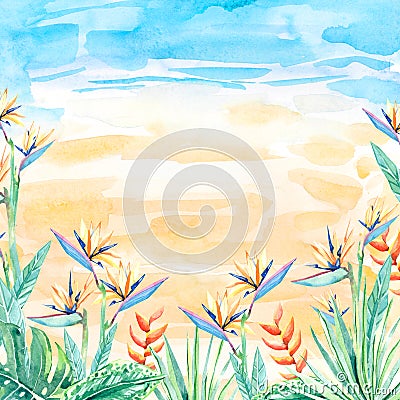 Watercolor tropical floral frame/banner. Summer illustration for wedding or greeting cards Cartoon Illustration