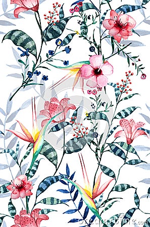 Watercolor tropical floral pattern, delicate flower wallpaper, Stock Photo