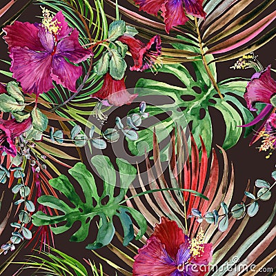 Watercolor tropical floral seamless pattern. hand-drawn wild nature illustration Cartoon Illustration