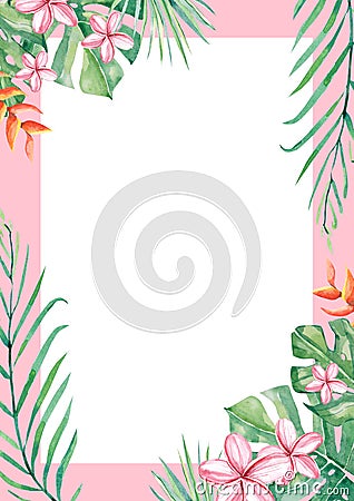 Watercolor tropical flower and leaf arrangement border frame for wedding, anniversary, birthday, invitations, cards Stock Photo