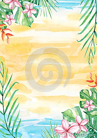 Watercolor tropical flower and leaf arrangement border frame for wedding, anniversary, birthday, invitations Stock Photo