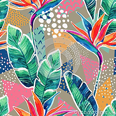 Watercolor tropical flowers with contour on geometric background. Cartoon Illustration