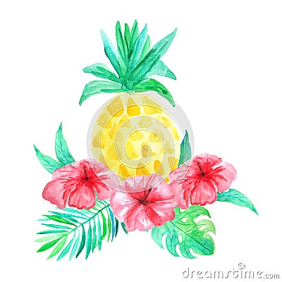 Watercolor tropical flowers, leaves and pineapple Stock Photo