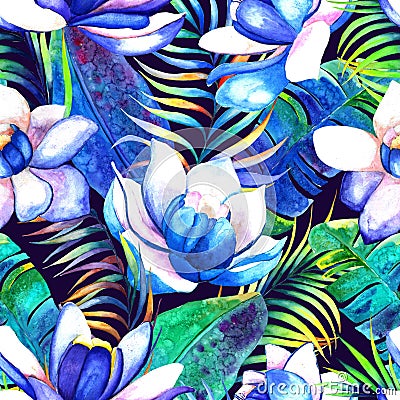 Watercolor tropical flowers, palm leaves seamless pattern. Dark tropical botanical illustration. Jungle vibrant plants Stock Photo