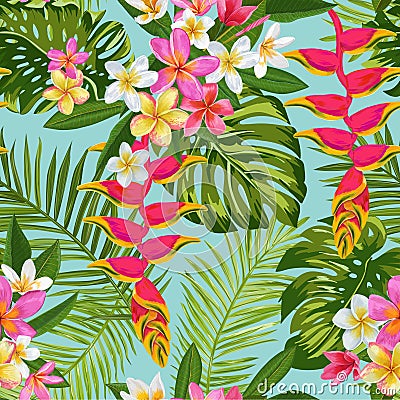Watercolor Tropical Flowers and Palm Leaves Seamless Pattern. Floral Hand Drawn Background. Blooming Plumeria Flowers Vector Illustration