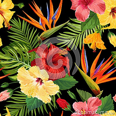 Watercolor Tropical Flowers Seamless Pattern. Floral Hand Drawn Background. Exotic Blooming Hibiskus Flowers Design Vector Illustration
