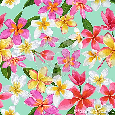 Watercolor Tropical Flowers Seamless Pattern. Floral Hand Drawn Background. Exotic Plumeria Flowers Design for Fabric Vector Illustration