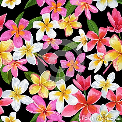 Watercolor Tropical Flowers Seamless Pattern. Floral Hand Drawn Background. Exotic Plumeria Flowers Design for Fabric Vector Illustration