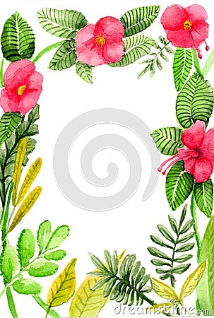Watercolor tropical flowers wedding invitation Stock Photo