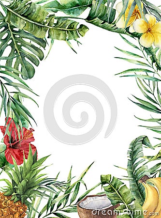Watercolor tropical frame with exotic flowers. Hand painted floral illustration with banana, coconut, hibiscus, plumeria Cartoon Illustration
