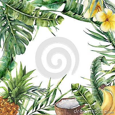 Watercolor tropical frame with exotic leaves, fruit and flowers. Hand painted floral illustration with banana and Cartoon Illustration