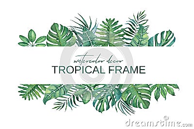 Watercolor tropical frame of flowers and leaves on white background. Stock Photo