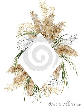 Watercolor tropical frame of gold, black and green pampas grass. Hand painted border of exotic dry plant isolated on Cartoon Illustration