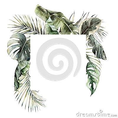 Watercolor tropical frame with monstera, banana and coconut leaves. Hand painted card with palm leaves isolated on white Cartoon Illustration