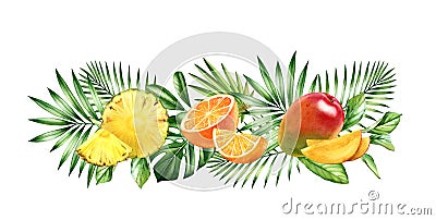 Watercolor tropical fruits. Horizontal border with orange, ananas, mango fruits and palm leaves. Botanical realistic Cartoon Illustration