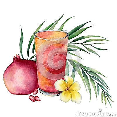 Watercolor tropical juice card. Hand painted summer drink, pomegranate, palm leaves and frangipani isolated on white Cartoon Illustration