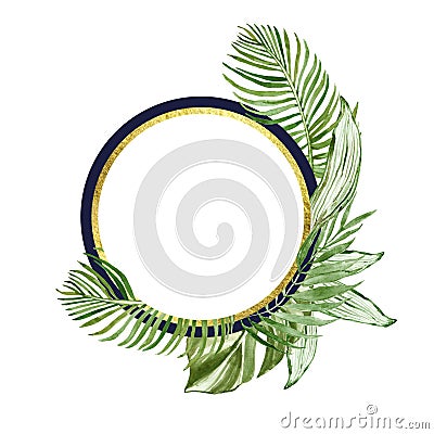 Watercolor tropical leaves round banner with space for text, isolated. Green exotic plants illustration. Navy gold frame Cartoon Illustration