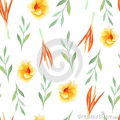 Watercolor tropical painting of leaf and flowers, seamless pattern on white background Stock Photo