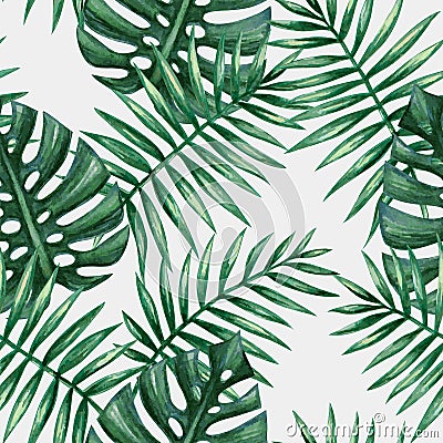 Watercolor tropical palm leaves seamless pattern. Vector Illustration