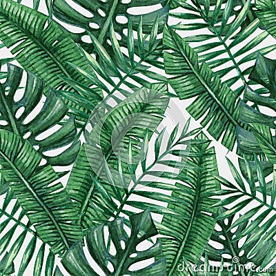 Watercolor tropical palm leaves seamless pattern. Cartoon Illustration