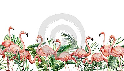 Watercolor tropical seamless border with flamingo and exotic leaves. Hand painted floral illustration with pink birds Cartoon Illustration