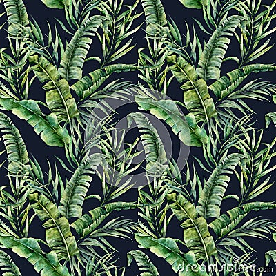 Watercolor tropical seamless pattern with banana and coconut palm leaves. Hand painted greenery exotic branch on dark Cartoon Illustration