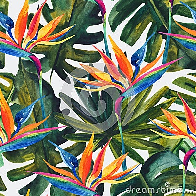 Watercolor tropical seamless pattern with bird-of-paradise flower, monstera, palm leaf. Cartoon Illustration