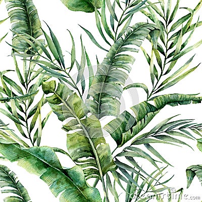 Watercolor tropical seamless pattern with coconut and banana palm leaves. Hand painted greenery exotic branch on white Cartoon Illustration