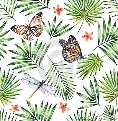 Watercolor tropical seamless pattern. Colourful butterflies, dragonflies and palm leaves isolated on white. Botanical Stock Photo