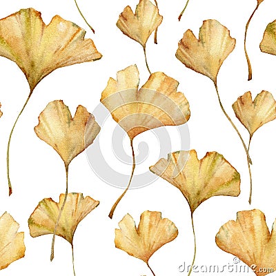 Watercolor tropical seamless pattern of dry ginkgo leaves. Hand painted exotic bouquet of plant isolated on white Cartoon Illustration