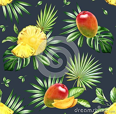 Watercolor tropical seamless pattern. Exotic fruits and palm leaves on dark blue background. Mango an ananas fruits Cartoon Illustration